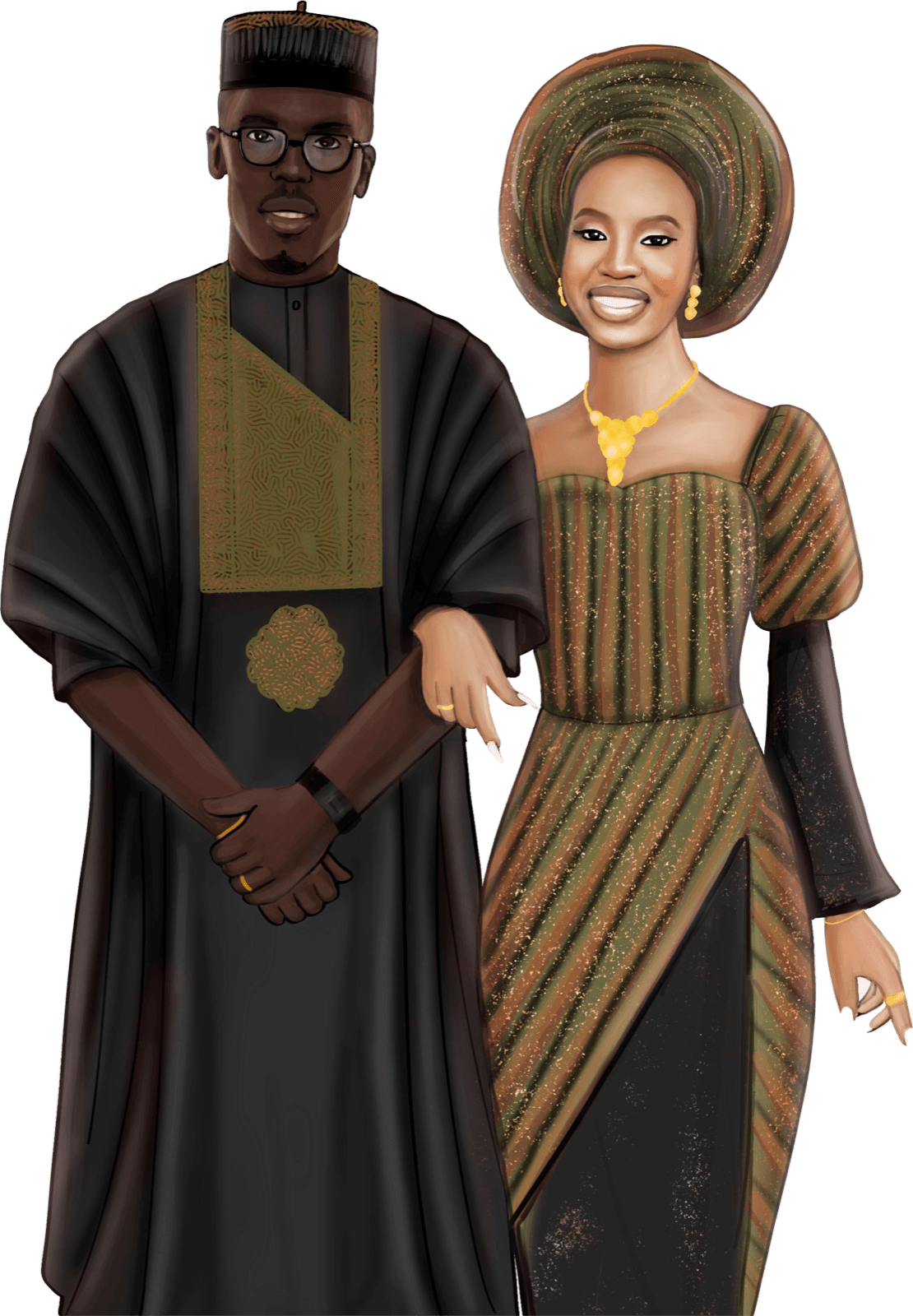 A hand-drawn illustration of Ore and Esi in traditional attire.