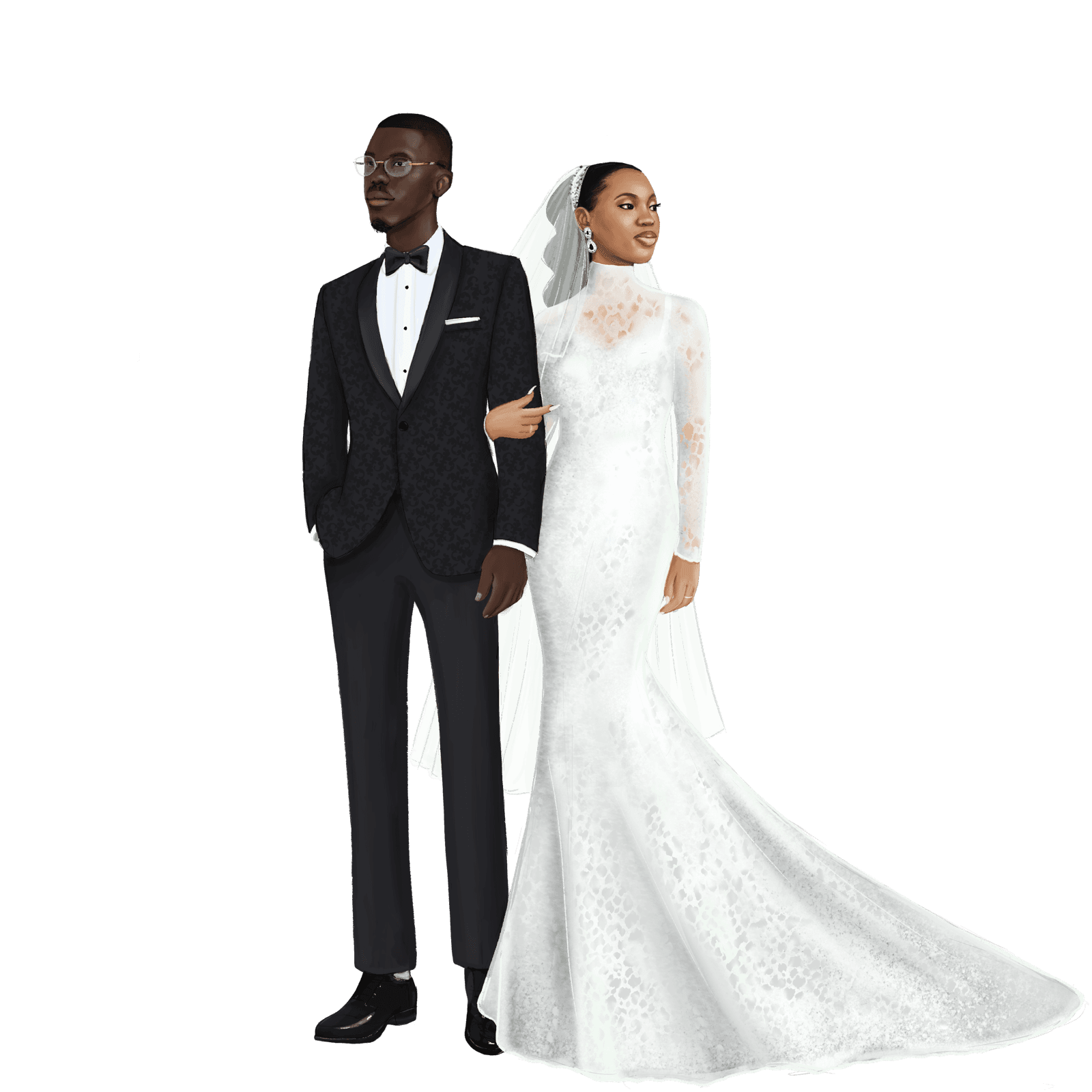 A hand-drawn illustration marking Ore and Esi's white wedding.