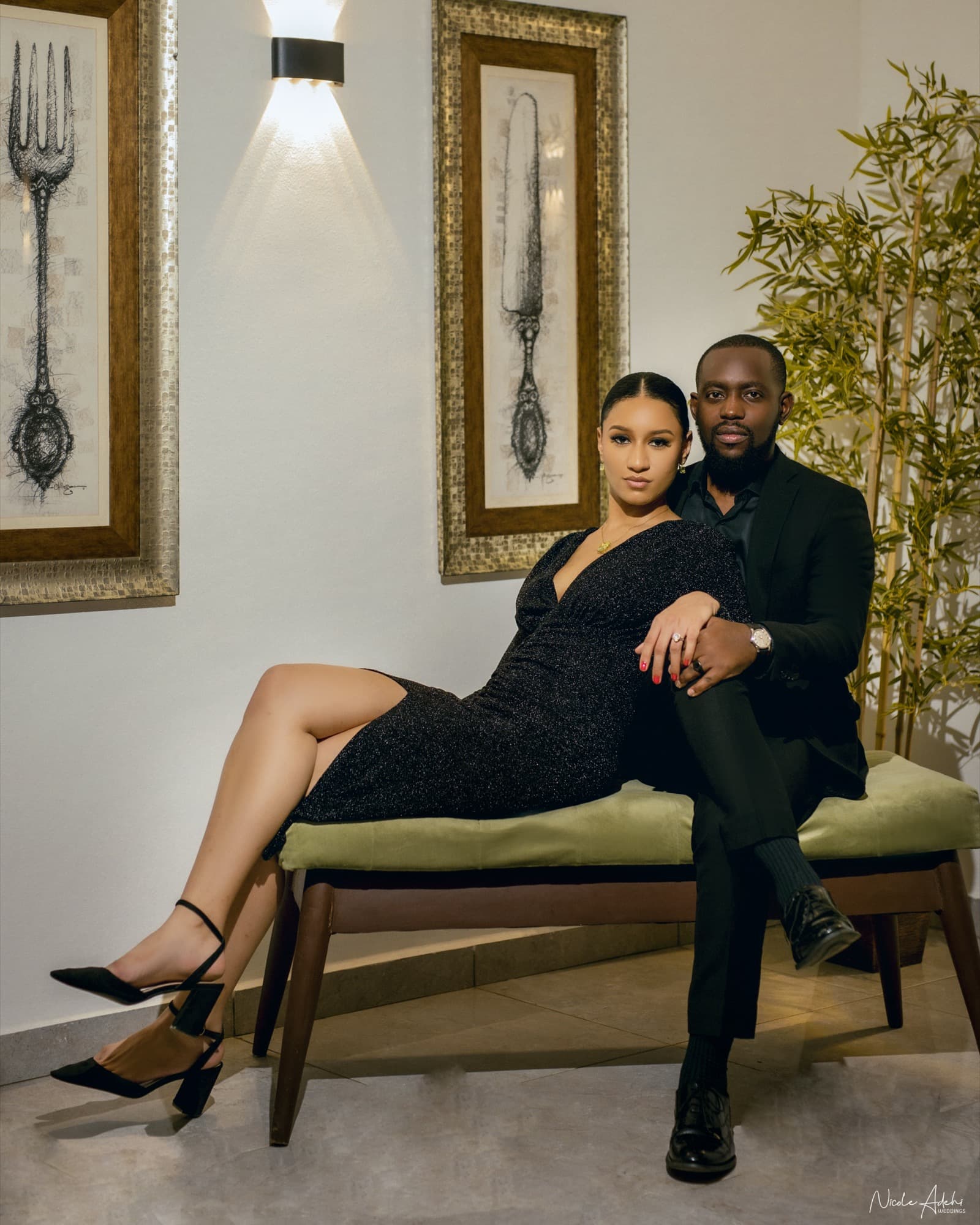Sofia and Damiete in an editorial pre-wedding portrait, in black tie.